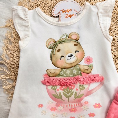 Conj. Blusa Ursinha Fofinha na Xícara e Short - Off White e Rosa